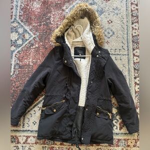 Women’s winter fur hooded jacket, size medium , Love tree